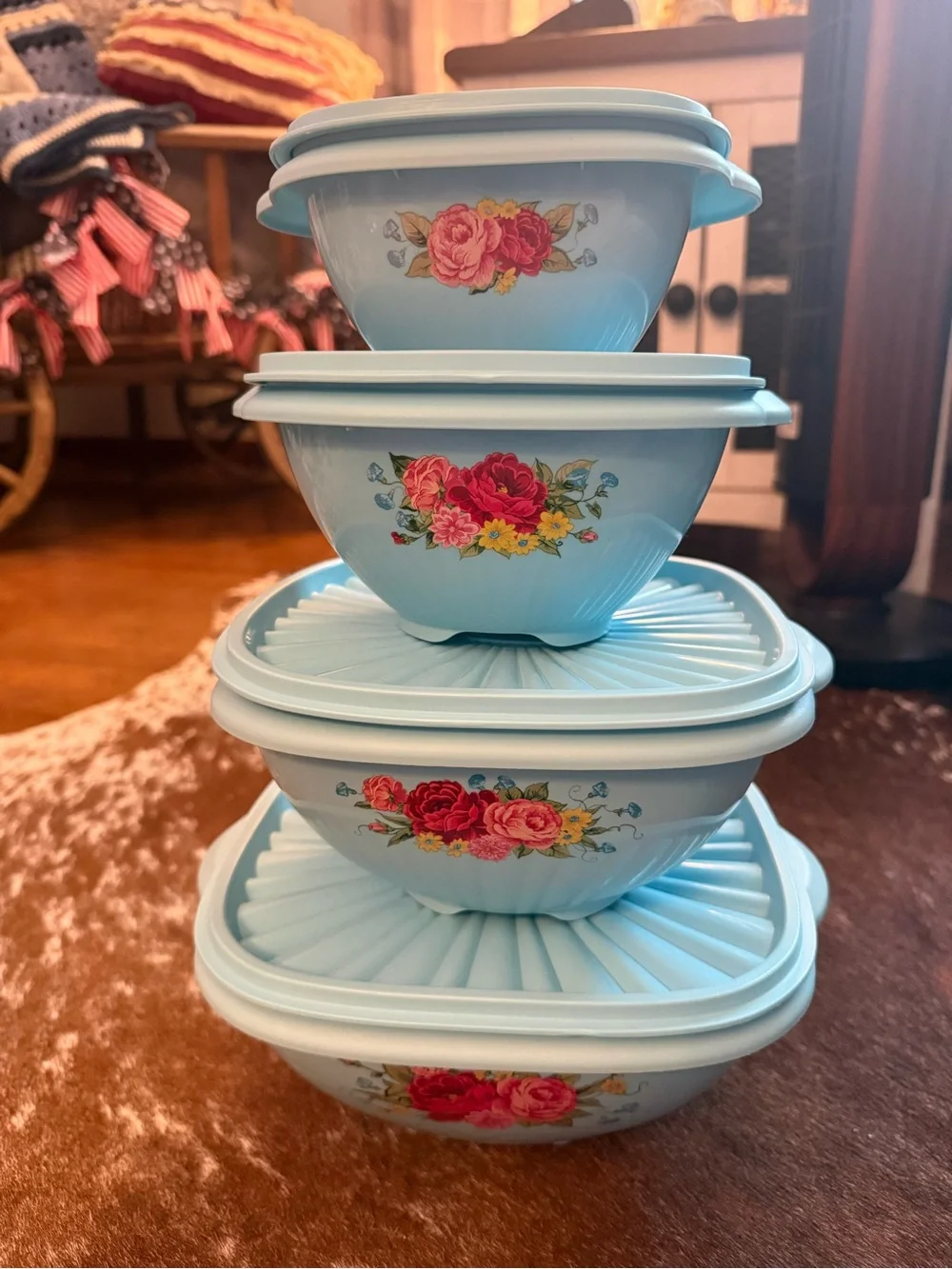 The Pioneer Woman Light Blue Floral Nesting Bowls with Lids